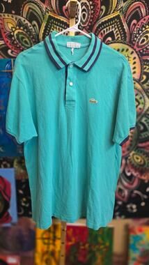 Vintage 70s chemise Lacoste Polo Shirt Turquoise Navy Trim Made in France L